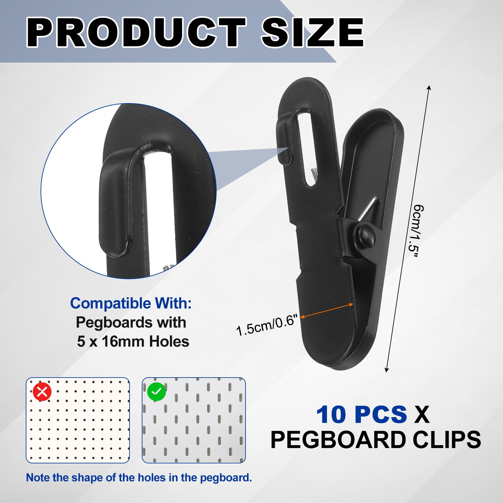Uxcell 10Pcs Pegboard Accessories Clips, 2.4 x 0.6 Pegboard Clips Metal Accessory Hook for Crafts Kitchen Office Wall Organize, Black