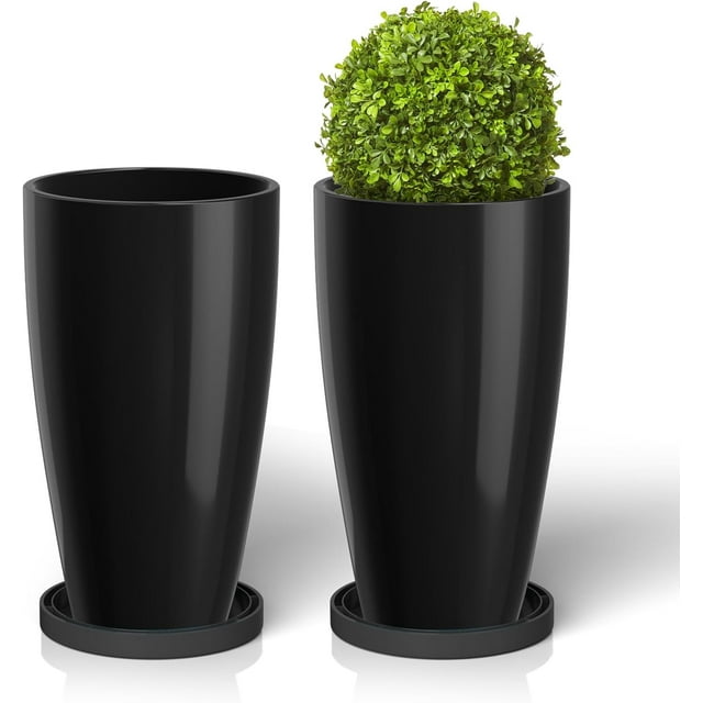 21 Inch Tall Planter Set of 2 Tall Round Planters Outdoor/Indoor with Shelf Inset,Large Plant Pot with Drainage Holes for Patio Front Porch Garden,Modern Large Plastic Flower Pots,Black