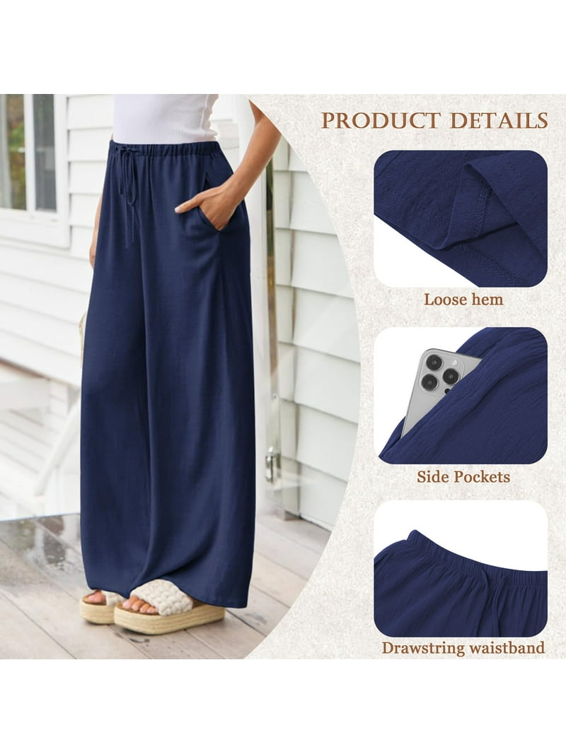 Temofon Women's Wide Leg Linen Pants, Navy Blue, Drawstring Waist