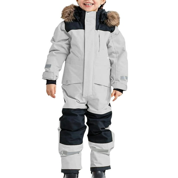 Kids Snow Suit Toddler Winter Warm Zip up Hooded Coats Overalls for Boys Girls Teen Waterproof Long Sleeve Ski One Piece Ski Windproof Reflective Strip Jumpsuits with Pockets