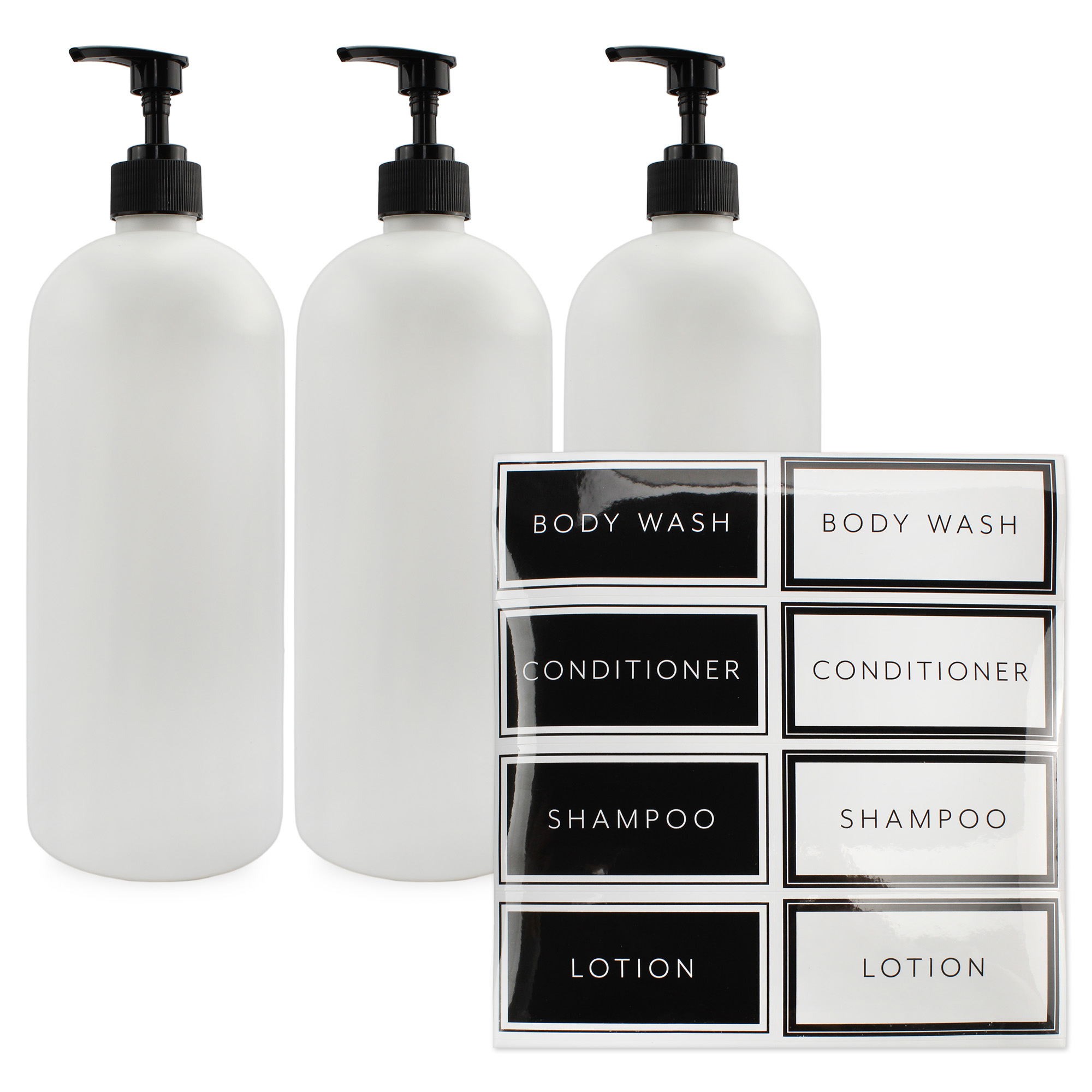 Cornucopia Shower Pump Bottles (Set of 3, White); 32oz Plastic Pump