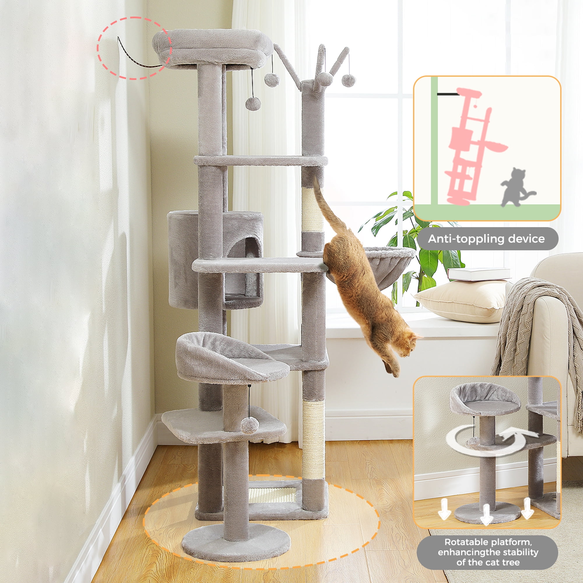 Pefilos 59" Multi-Level Cat Tree House with Large Hammock, Scratching Post, 2 Perches, Cat Tower with 3 Removable Pompom Sticks, Cat Condo, Gray Pefilos 59" Multi-Level Cat Tree House with Large Hammock, Scratching Post, 2 Perches, Cat Tower with 3 Removable Pompom Sticks, Cat Condo, Gray