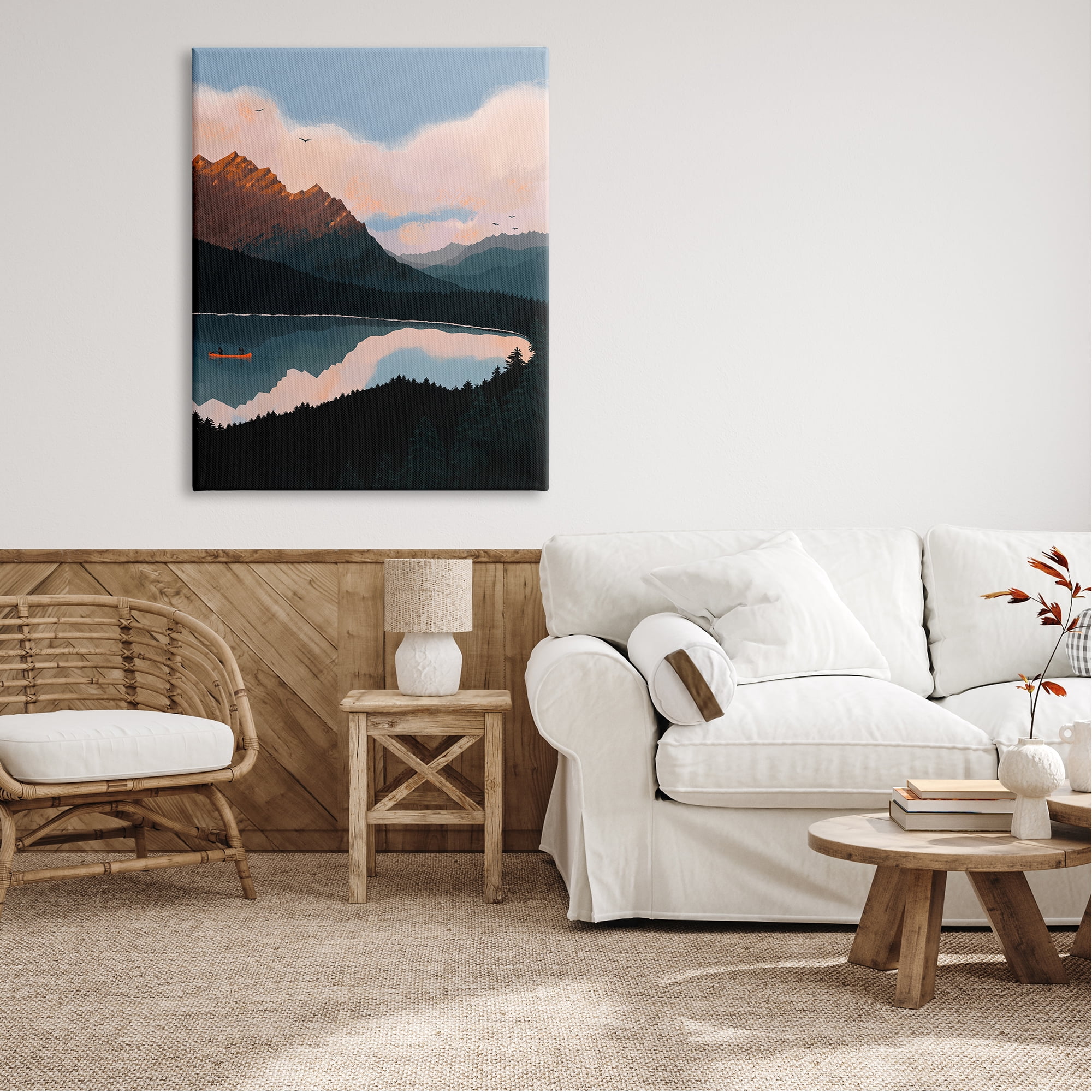 Stupell Industries Mountain Range River Canoe Cloudy Wilderness Birds Canvas Wall Art, 36 x 48, Design by Abi Hall