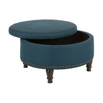 OSP Home Furnishings Augusta Round Storage Ottoman in Klein Azure Fabric with decorative nailheads