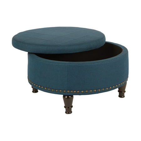 OSP Home Furnishings Augusta Round Storage Ottoman in Klein Azure Fabric with decorative nailheads