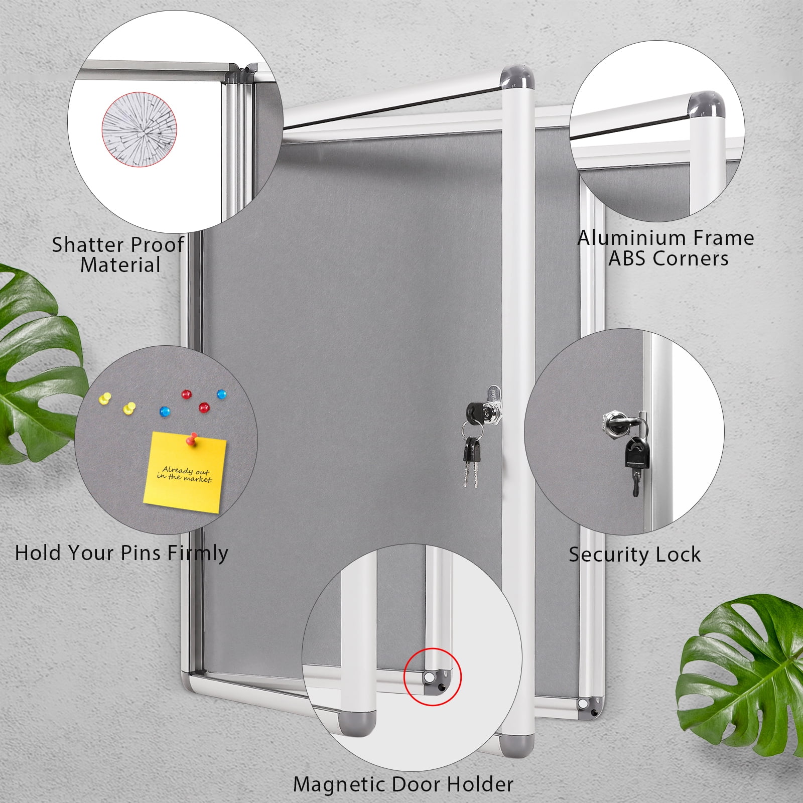 SWANCROWN Enclosed Fabric Bulletin Board with Lock 20"x 16", Grey, Aluminum Frame