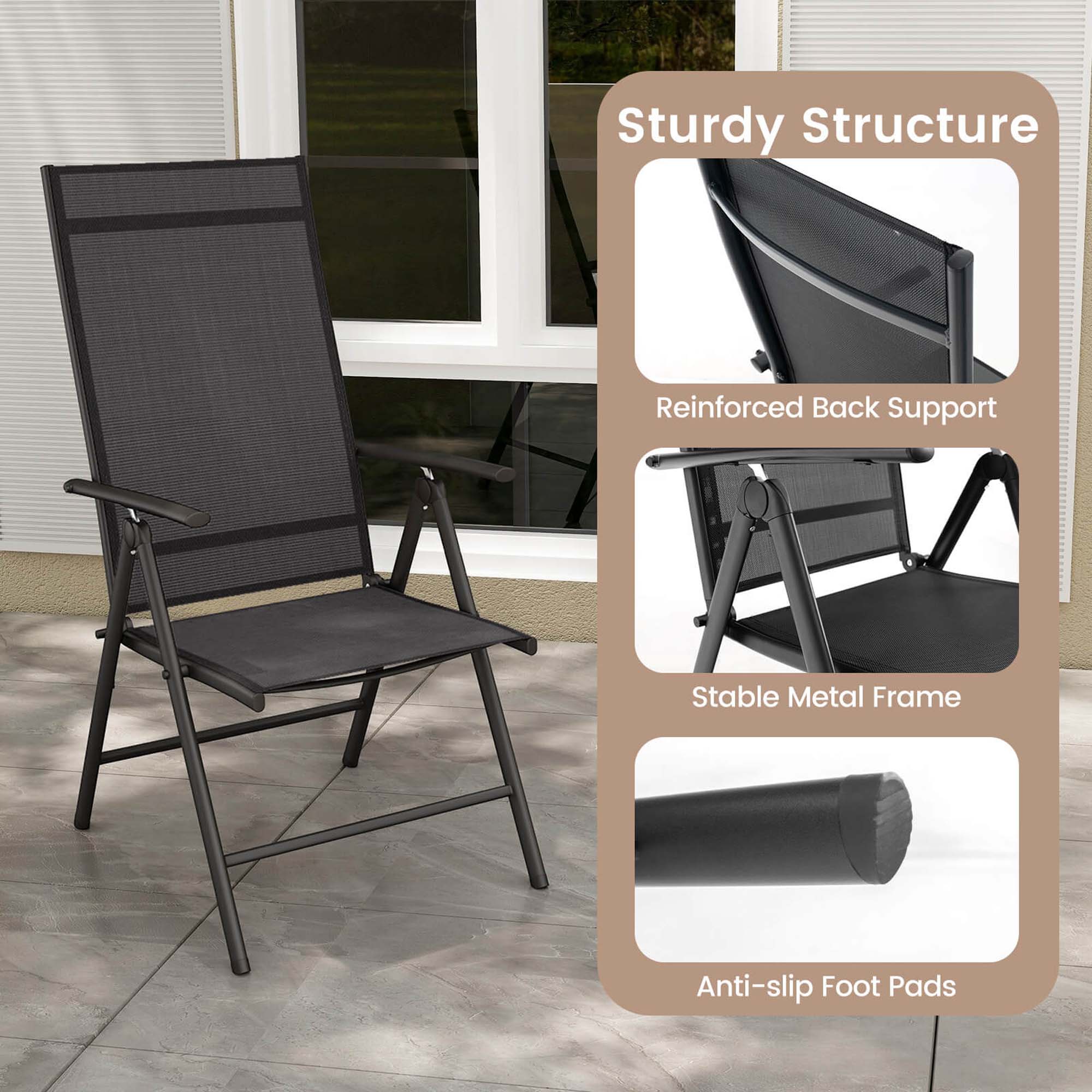 Costway 1 PCS Patio Folding Dining Chair with 7-Level Adjustable High Backrest for Garden Black