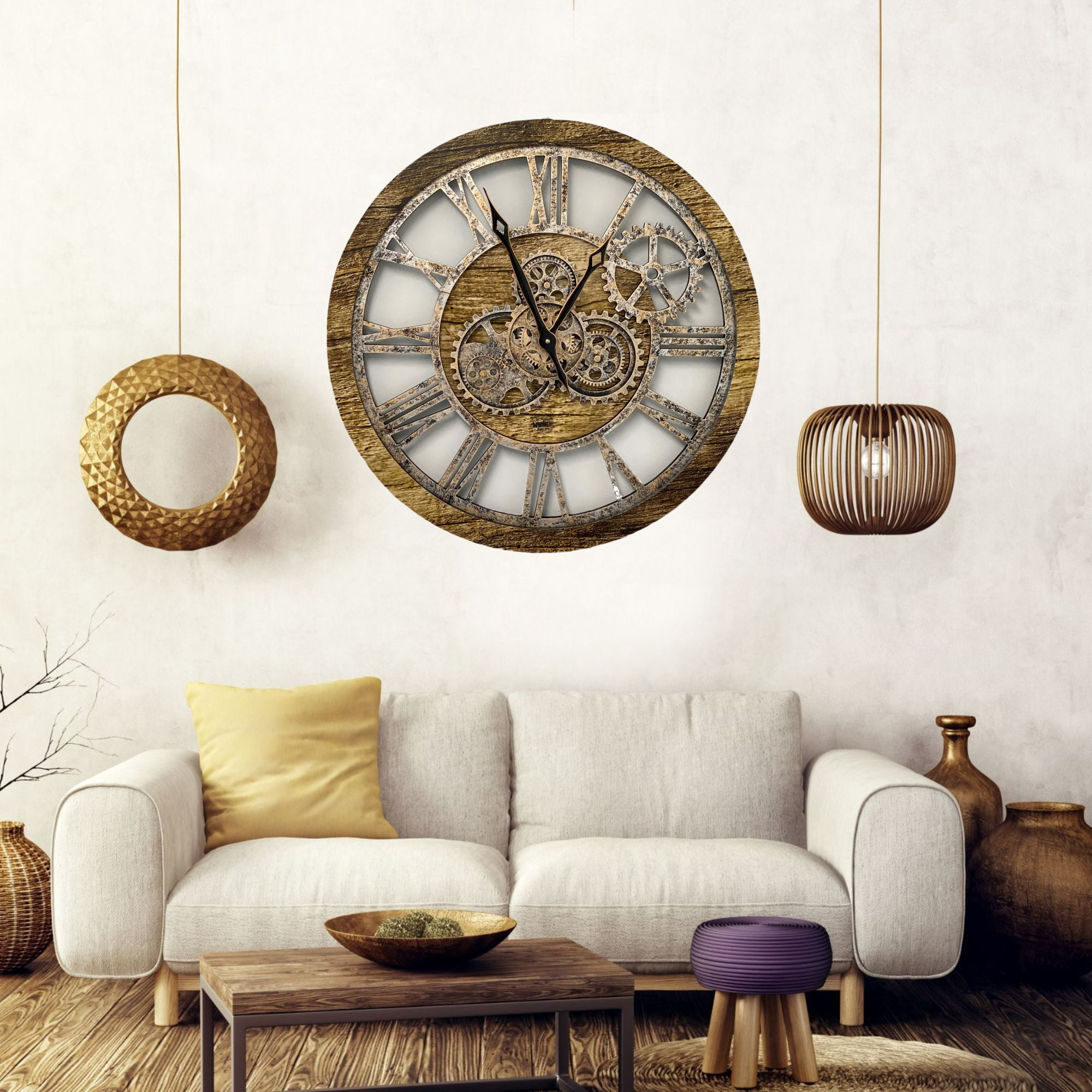 THE GEARS CLOCK Wall Clock with Real Moving Gears AM-LI_ 24 in Round Gold-Antique