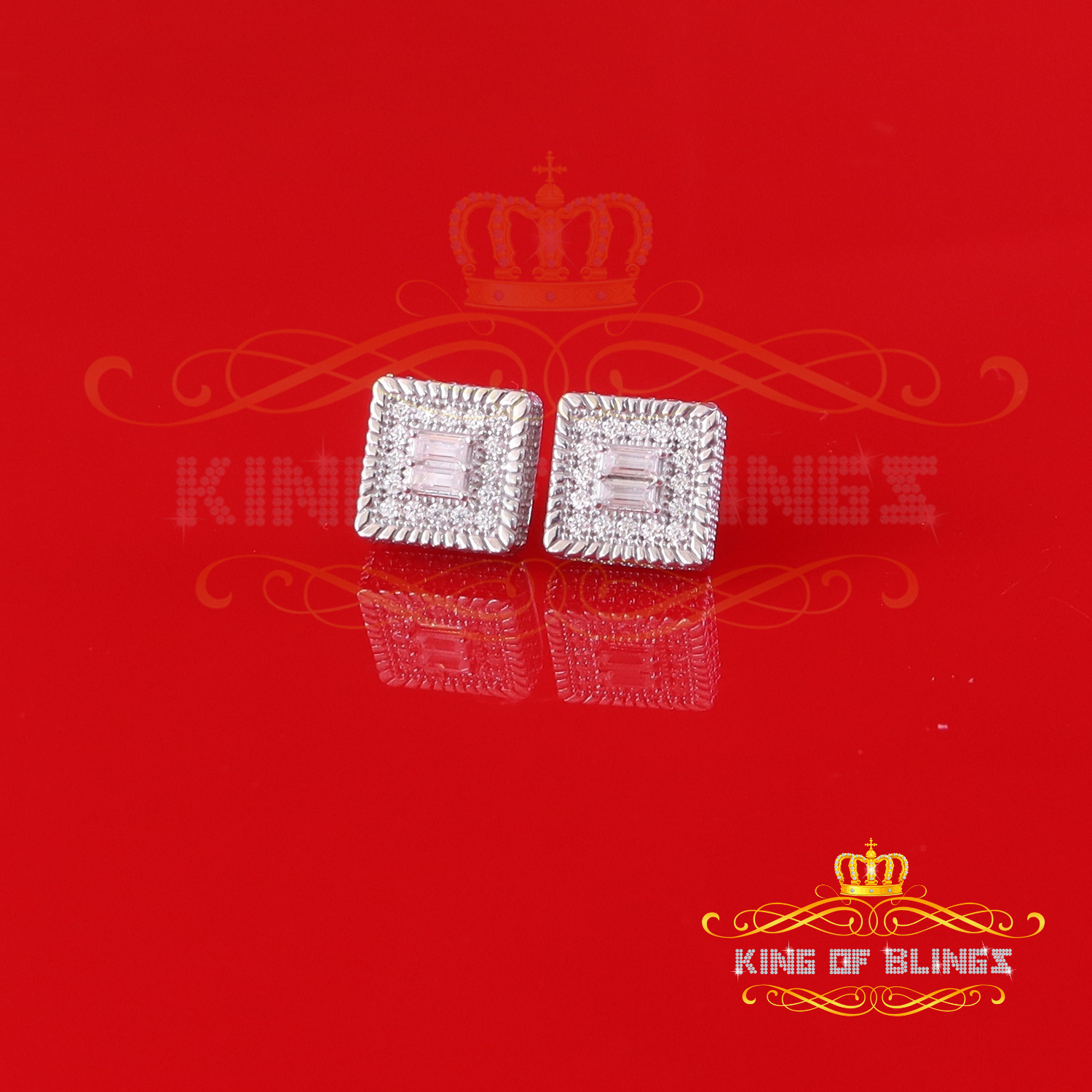 King of Bling's Men's/Women's 925 Silver White 1.00ct VVS 'D' Moissanite 3D Square Stud Earrings