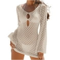 thumbnail image 2 of Zedker Women Hollow Out Beachwear Swim Cover Ups Long Sleeve Crew Neck Beach Vacation Tunic Dress, Plus Size BeigeL, 2 of 6