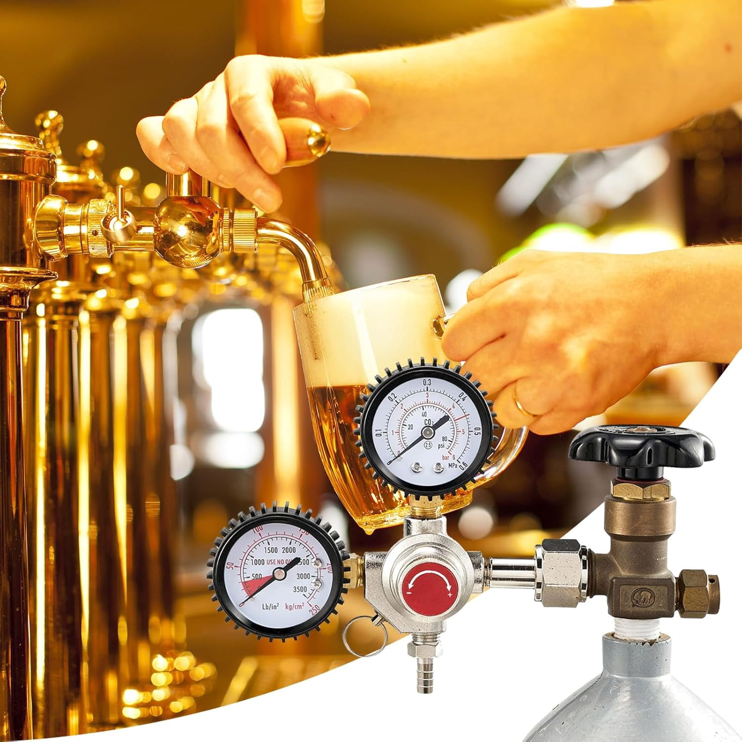 AWINQQY CO2 Regulator, Beer Tap System Regulator with 2 Gauges Adjustable CO2 Regulator W21.8 x 1/14 Inch Connection CO2 Regulator for Beer Brewing Beer Dispenser