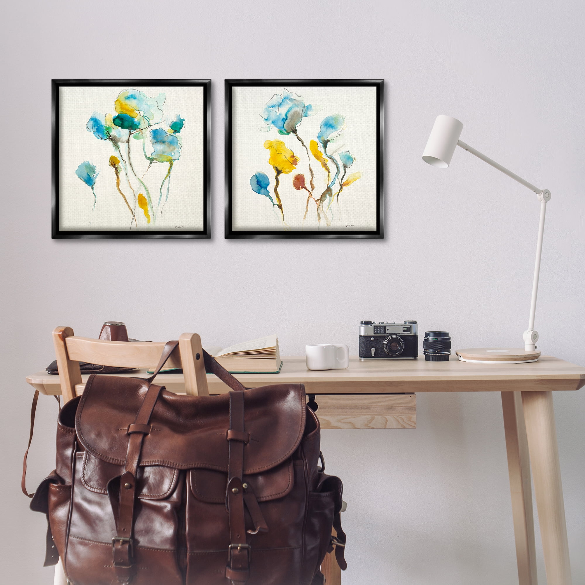 Stupell Industries Watercolor Teal & Yellow Flowers Abstract Painting Black Floater Framed Canvas Art Print Wall Art, 18 x 18, Set of 2