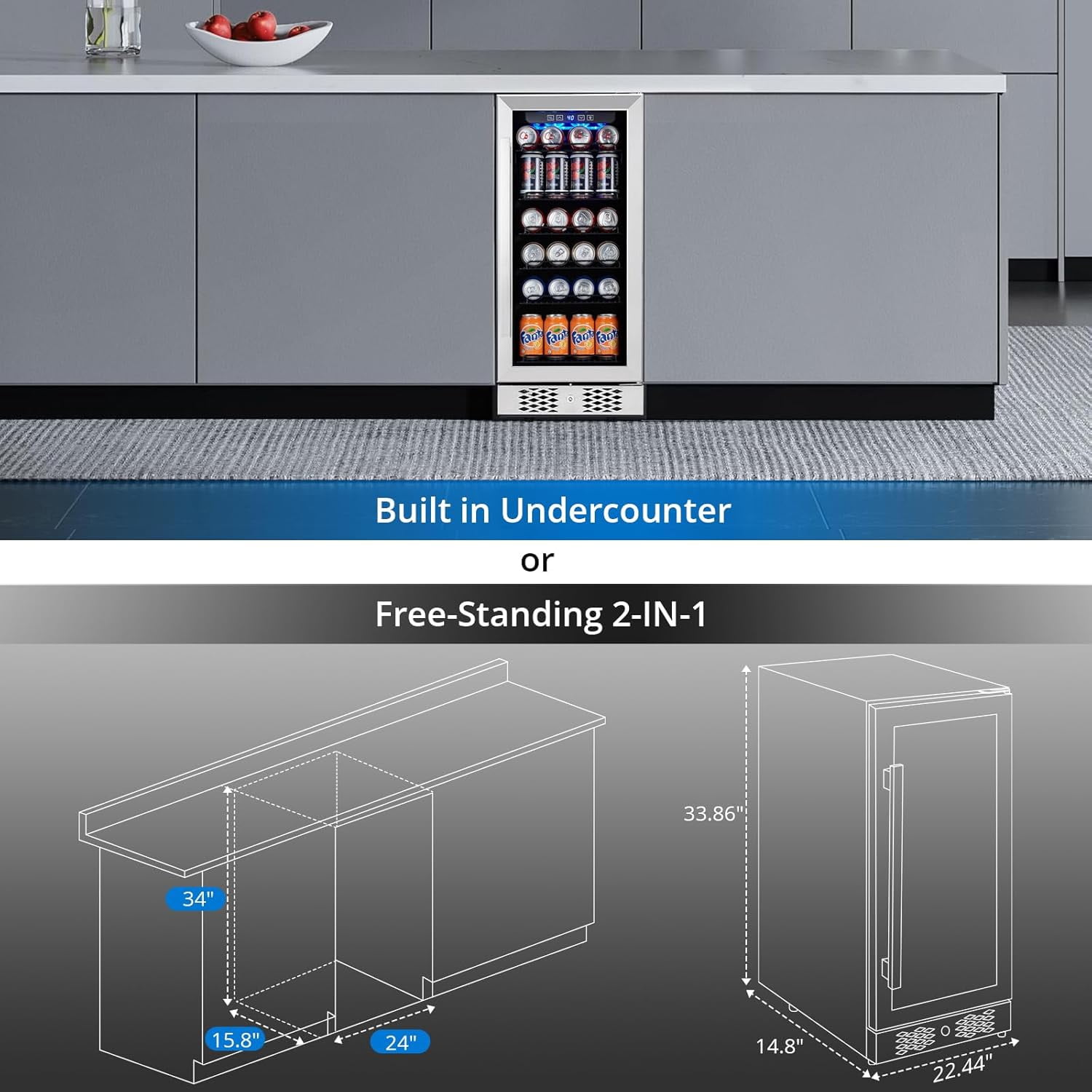 15 Inch Beverage Refrigerator, 96 Cans Stainless Steel Fridge with Double-Layer Tempered Glass Door, Freestanding & Built-In Wine Cooler, Safety Lock for Home, Office, Bar