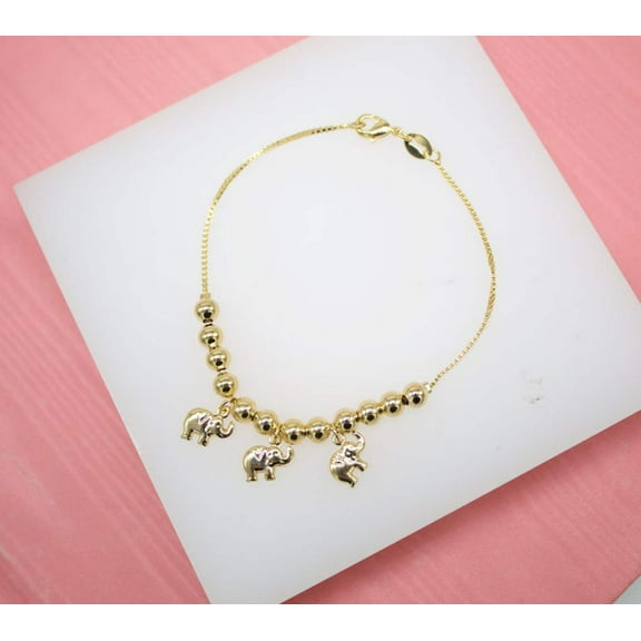 18K Gold Filled Beaded Chain Bracelet With Elephant Charms (I187)