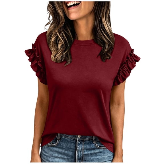 Enjoytime Tops for Women Trendy Crewneck Ruffle Short Sleeve Shirts Business Casual Work Plus Size Blouse