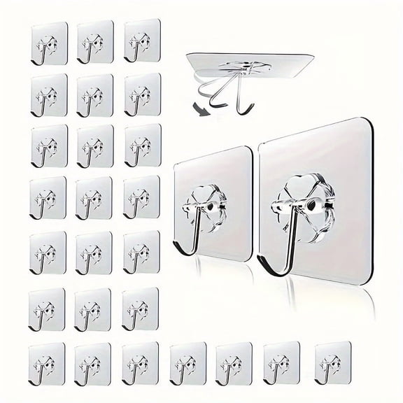 30 Pack Clear Adhesive Wall Hooks, Heavy Duty Transparent Sticky Hooks, Waterproof No Drill Removable Hooks for Bathroom, Kitchen, Shower, Bedroom, Office & Home Organization