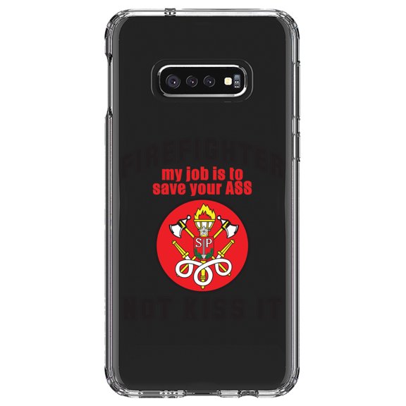 DistinctInk Clear Shockproof Hybrid Case for Samsung Galaxy S10e (5.8" Screen) - TPU Bumper Acrylic Back Tempered Glass Screen Protector - Firefighter - Job is to Save You