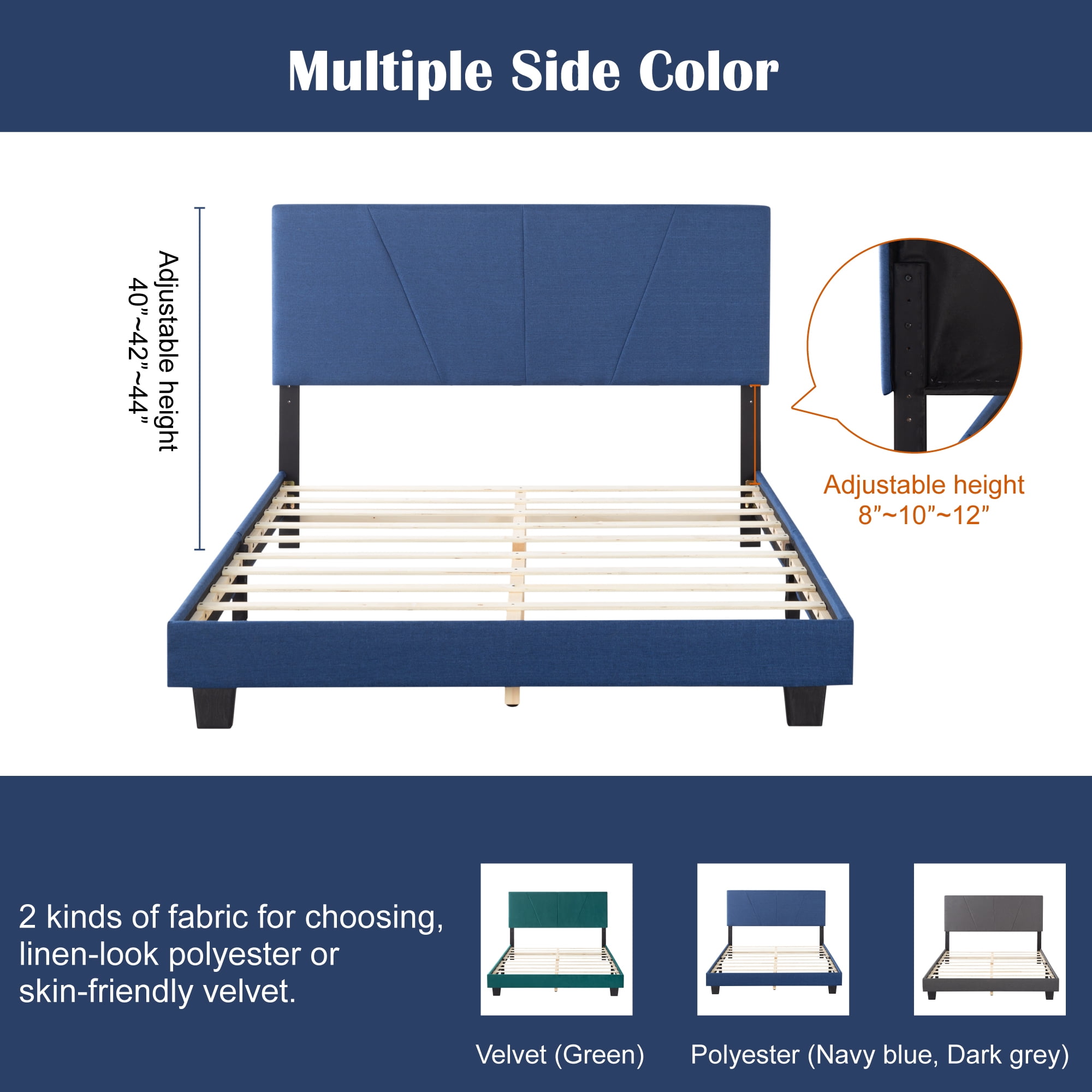 Gewnee Queen Size Platform Bed with Headboard,Fabric Upholstered Bed Frame,Strong Wood Slats Support,Easy Assembly,No Box Spring Needed (Navy Blue)