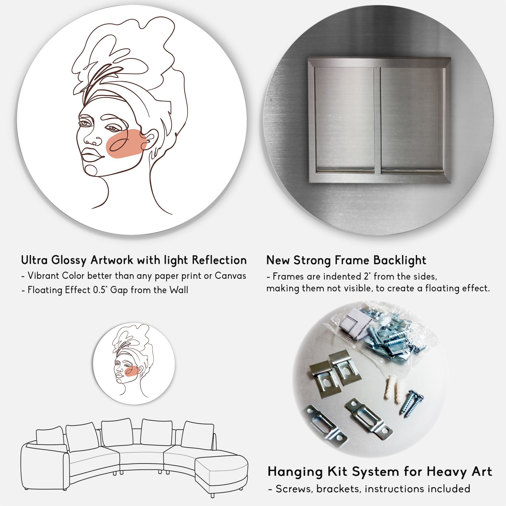 Designart 'One Line Portrait of Afro American Woman III' Modern Circle Metal Wall Art 36x36 - Disc of 36
