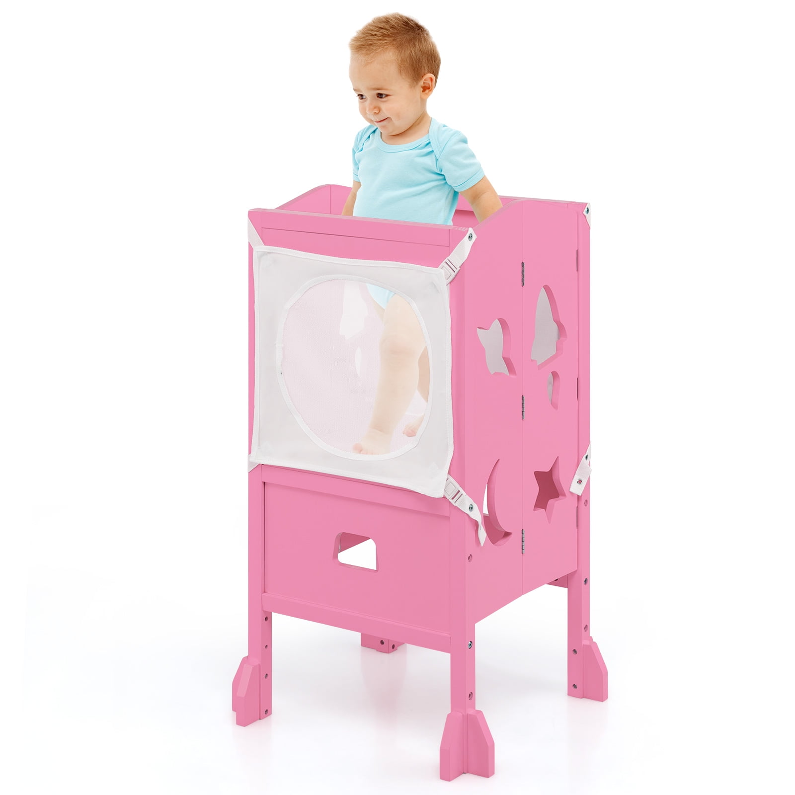 Infans Folding Wooden Kids Kitchen Step Stool with Adjustable Height & Safety Netting