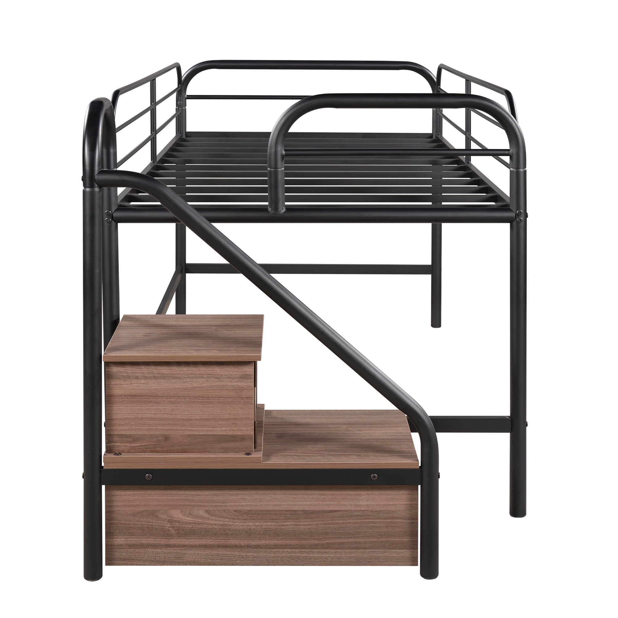 Low Loft Twin Metal Bed with 2 Big Storage Steps, Toddler Kids Modern Metal Bed Frame, Heavy Duty Bed, Multifunction Design Bed Bedroom Furniture, Space-Saving, No Box Spring Needed (Brown)