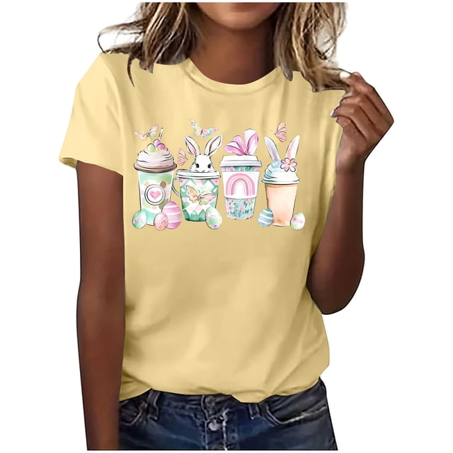 Mujeres Manga Corta de Verano Tops Pascua Impresa Cuello Redondo, Blusa de Moda Casual para la Primavera