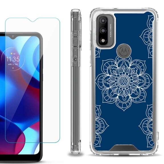 Shockproof Bumper Phone Case for Motorola Moto G Pure, with Tempered Glass Screen Protector, by OneToughShield ® - Mandala / Blue