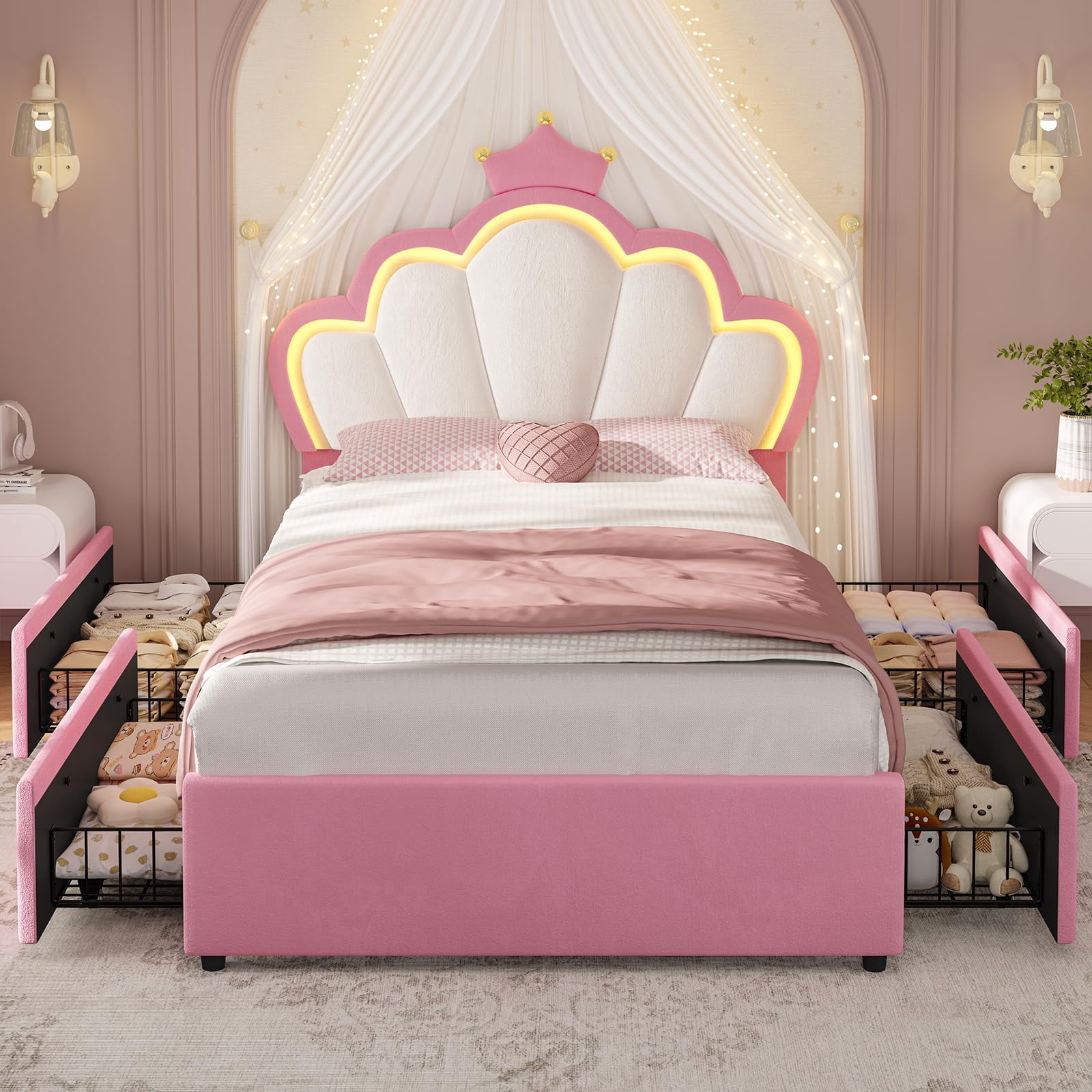 Twin Bed Frame with 4 Drawers, LED Lights Headboard,Twin Girl Bed Princess Velvet Upholstered Platform Bed,Heavy Steel Slats Support, Pink