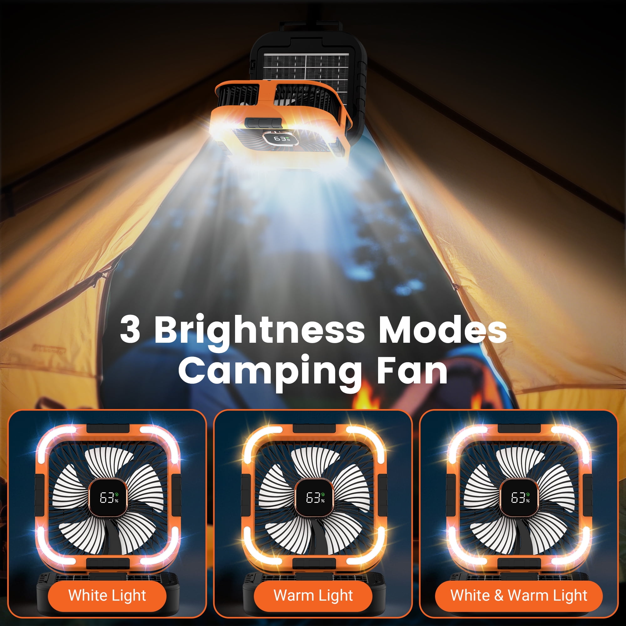 Solar Fan, 10000mAh Rechargeable Camping Fan Battery Portable Fans with LED Light, 6 Speeds Powerful Wind and 6H Timer Oscillating Tent Fan for Picnic, Fishing