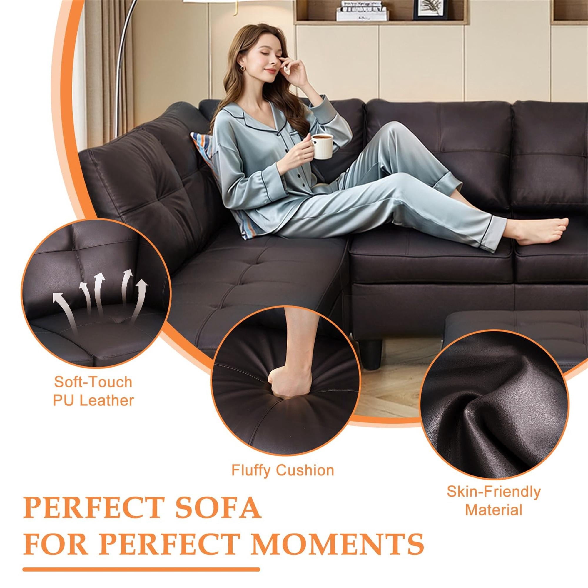Aukfa 3 Piece Sofa Set L shape Sectional Couch with Storage Ottoman for Living Room, 2 Pillows, Faux Leather, Brown