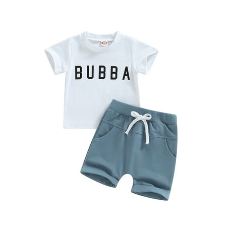 

Genuiskids Baby Boy Summer Clothes infant Letter Print Short Sleeve T-Shirt Top with Elastic Waist Shorts Toddler 2Pcs Outfits