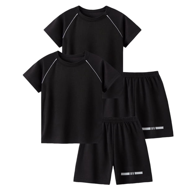 Odeerbi Conjunto Deportivo de Niños de 2 Paquetes Con Rayas Reflectantes, Trajes Deportivos de Secado Rápido Transpirable, Conjunto de Pantalones Cortos de Camiseta de 2 Piezas, 5-12 Años