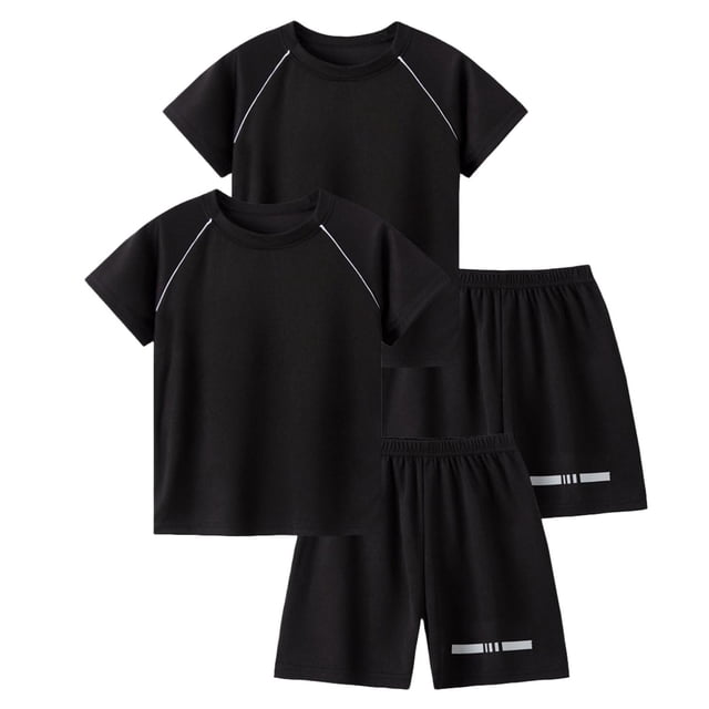Odeerbi Conjunto Deportivo de Niños de 2 Paquetes Con Rayas Reflectantes, Trajes Deportivos de Secado Rápido Transpirable, Conjunto de Pantalones Cortos de Camiseta de 2 Piezas, 5-12 Años