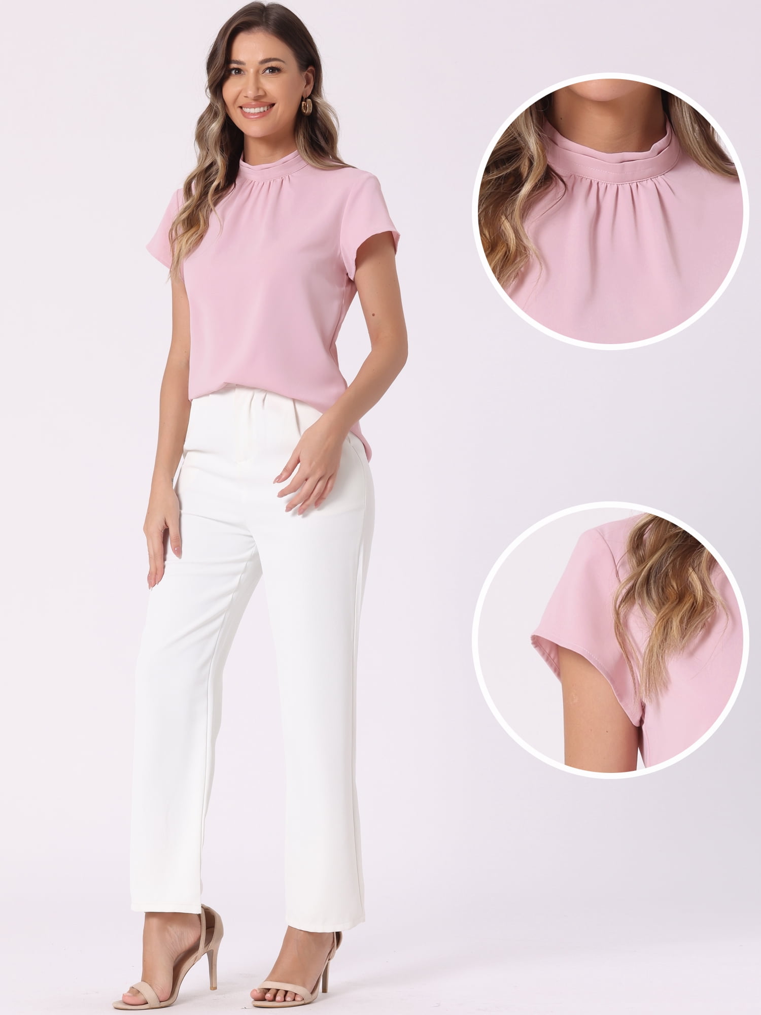 DARING DIVA Women's Mock Neck Cap Sleeve Basic Solid Blouses M Pink