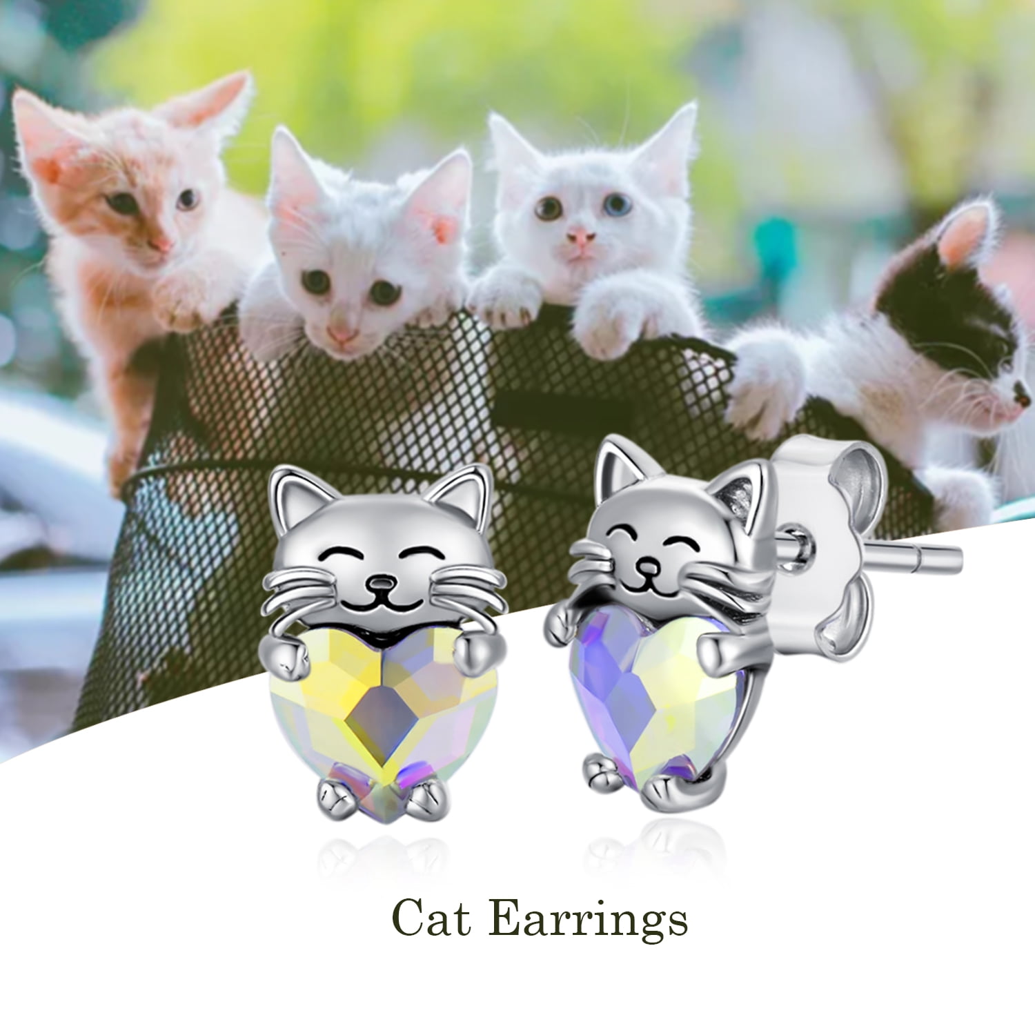 Coachuhhar Cat Earrings for 925 Sterling Silver Cat Stud Earrings Crystal Earrings Cute Animal Earrings Hypoallergenic Kitten Stud Earrings Cat Jewelry Gifts for Women