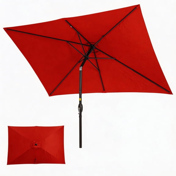 Heynemo 10x 6.5ft Rectangular Patio Umbrella, Outdoor Table Market Umbrella with Crank, 6 Steel Ribs, Polyester Canopy, Aluminum Pole,Red