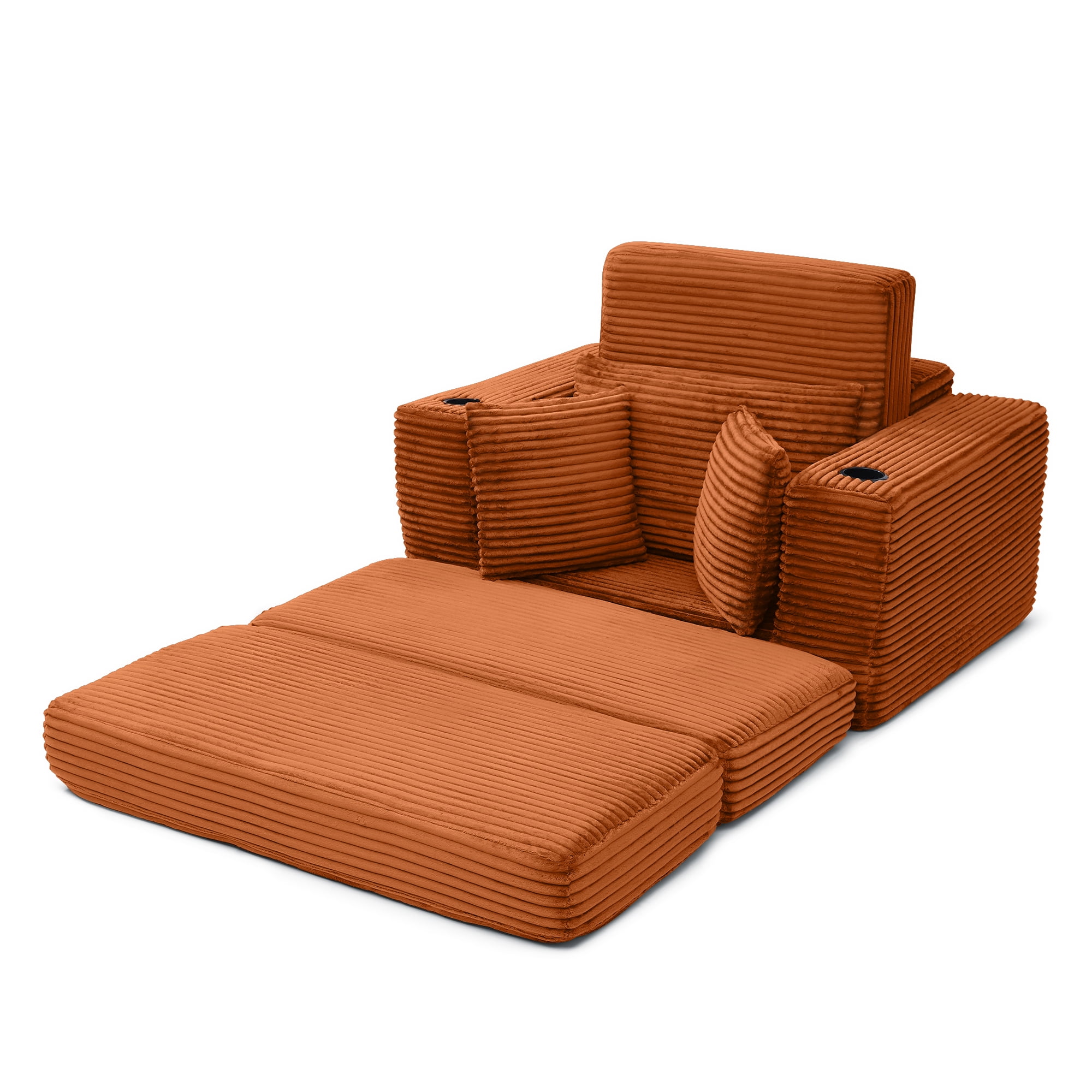 Miniyam 52" x 61" Foldable Sofa Bed and Ottoman Combo – Apartment Sleeper, Boneless Design, Cup Holders (Orange)