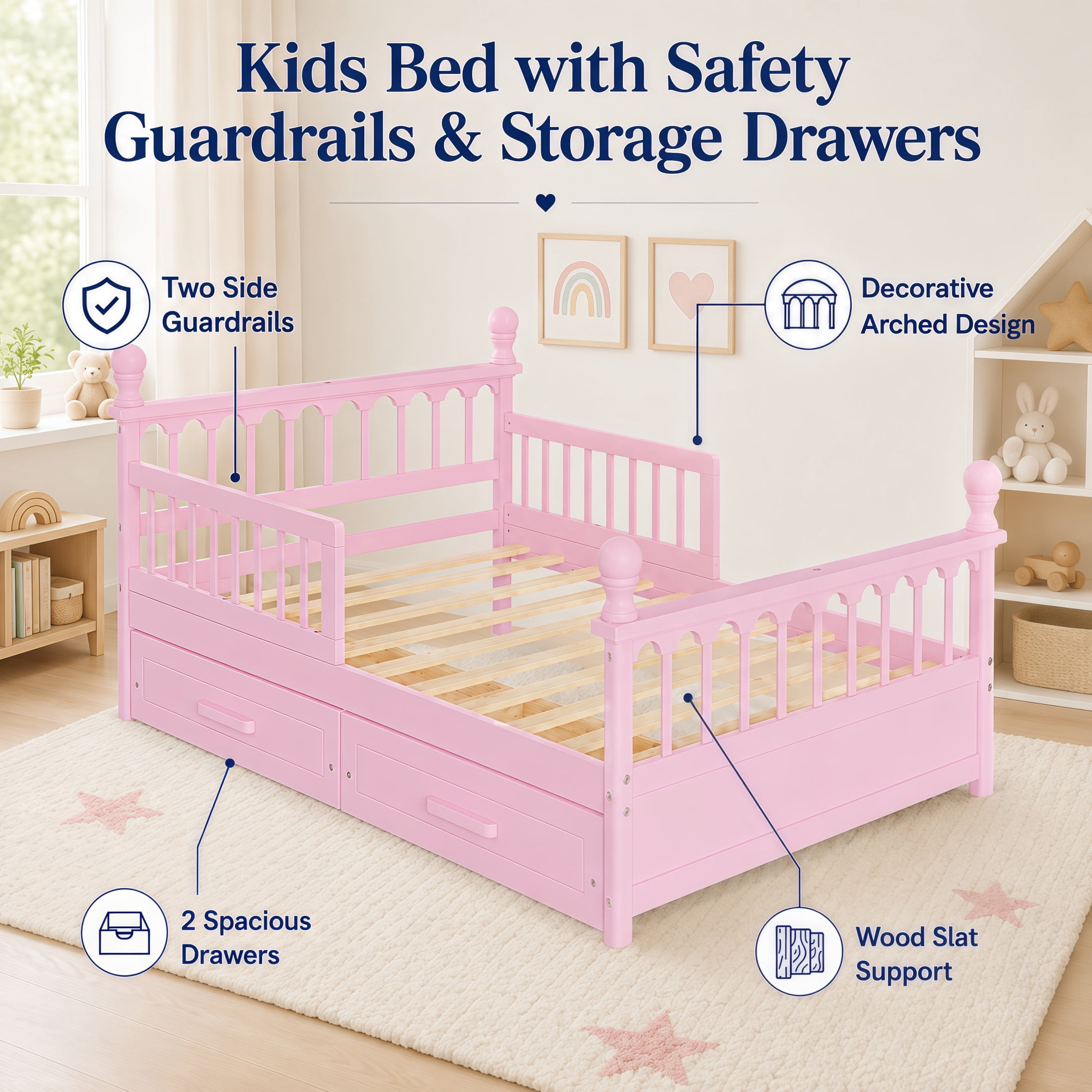 Noble House Orielle Full Kids Bed Frame with Storage Drawers, Low-Profile Platform Bed with Safety Guardrails, Pink