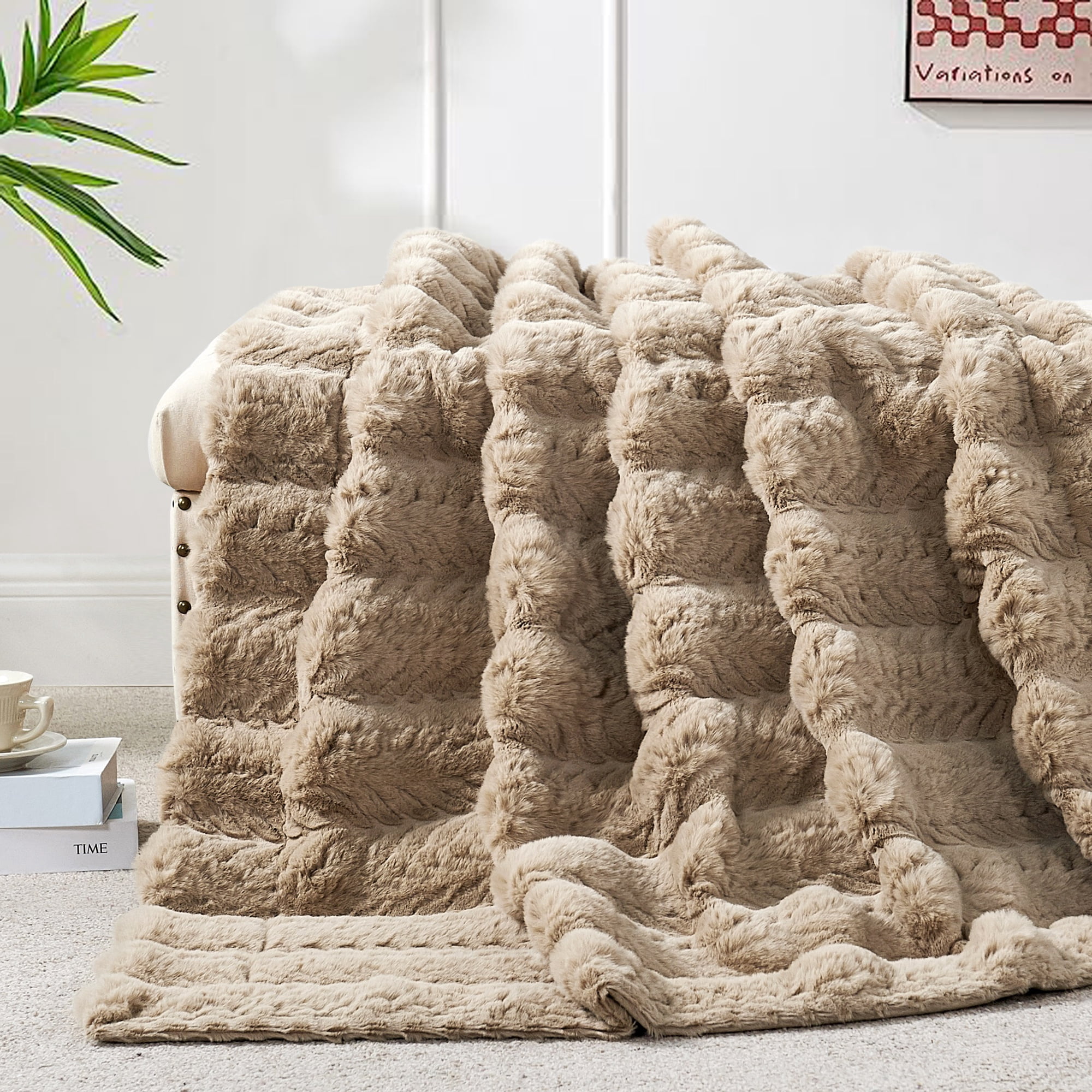 Home Soft Things Tread Pattern Faux Fur Throw Blanket with Micromink Back, Luxury Soft Cozy Plush Fluffy Fuzzy Reversible Thick Warm Throw Blanket, 60x70 inches, Light Taupe