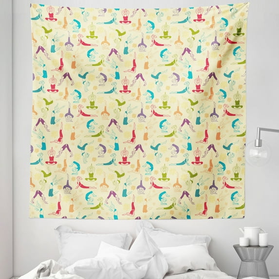Yoga Tapestry, Workout Themed Fitness Girls Pattern Abstract Postures Arrangement, Fabric Wall Hanging Decor for Bedroom Living Room Dorm, 5 Sizes, Multicolor, by Ambesonne