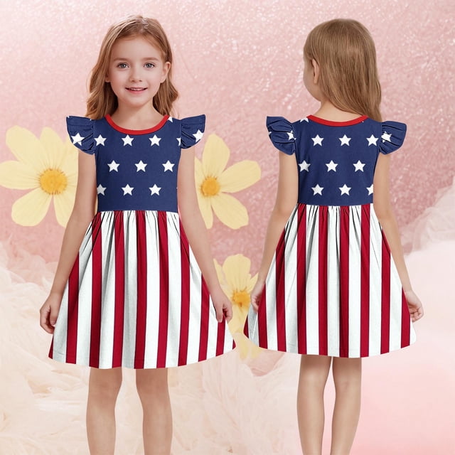 QTBIUQ Robe Patchwork à Col Rond pour Fille, Imprimé de la Fête de l'Indépendance, Manches Courtes Volantées, Taille Courte Cintrée, Décontractée, Quotidienne, Polyvalente, pour Vacances, Fête, Jeu, Ensemble d'Été, Style Mignon et à la Mode (Bleu, 12 Ans)