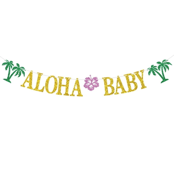 Aloha Baby Banner - Hawaiian theme Baby Shower/Birthday Bunting Sign - Tropical Mexico Baby Shower/Gender Reaveal/Luau Birthday Party Decoration Supplies, Gold Glitter