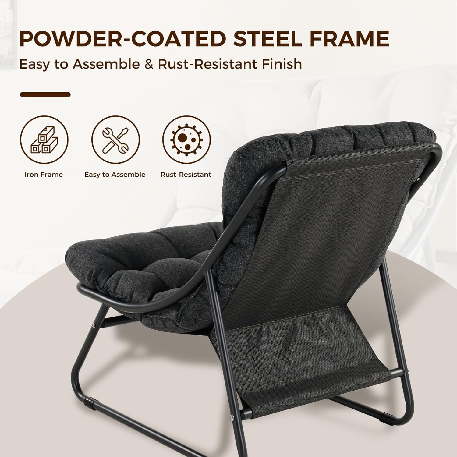 Grand Patio Outdoor Lounge Chair with Ottoman, Comfy Sling Recliner Set, Puffy Cushion, Samba Modern Steel Furniture, Dark Gray