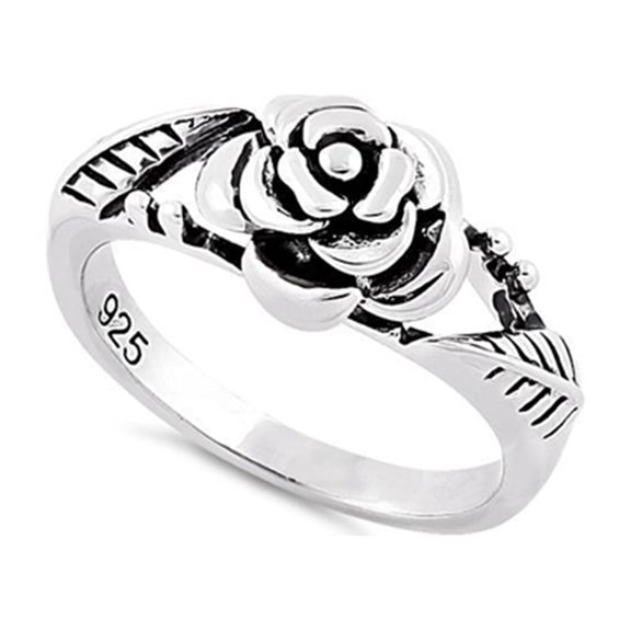 925 Sterling Silver Oxidized Platinum Plated Rose Flower Bud Women Promise Women Valentines Day Gifts Ring