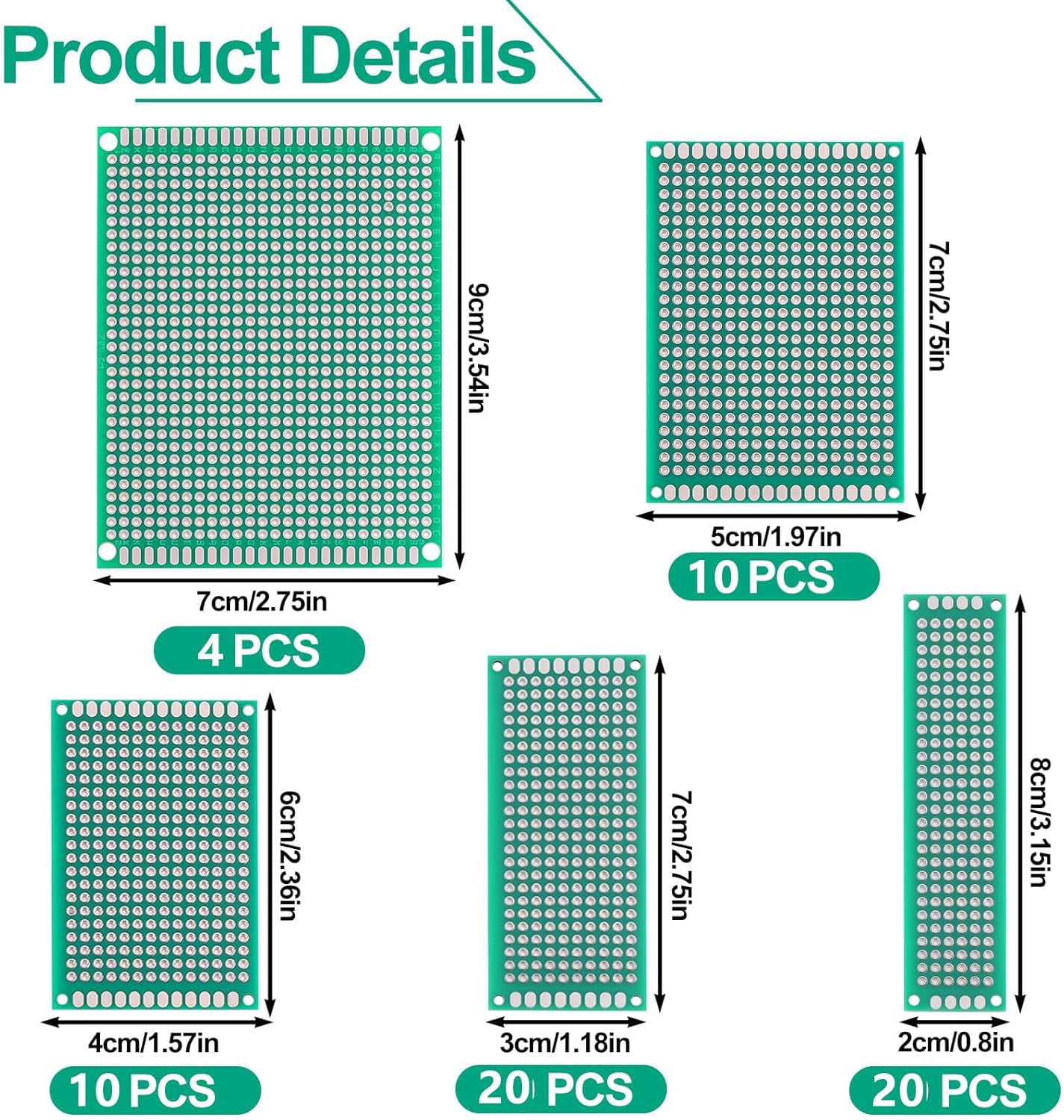 64 pieces green board - double-sided circuit and experimental board, with 5 sizes, suitable for electronics, compatible with breadboard and soldering projects