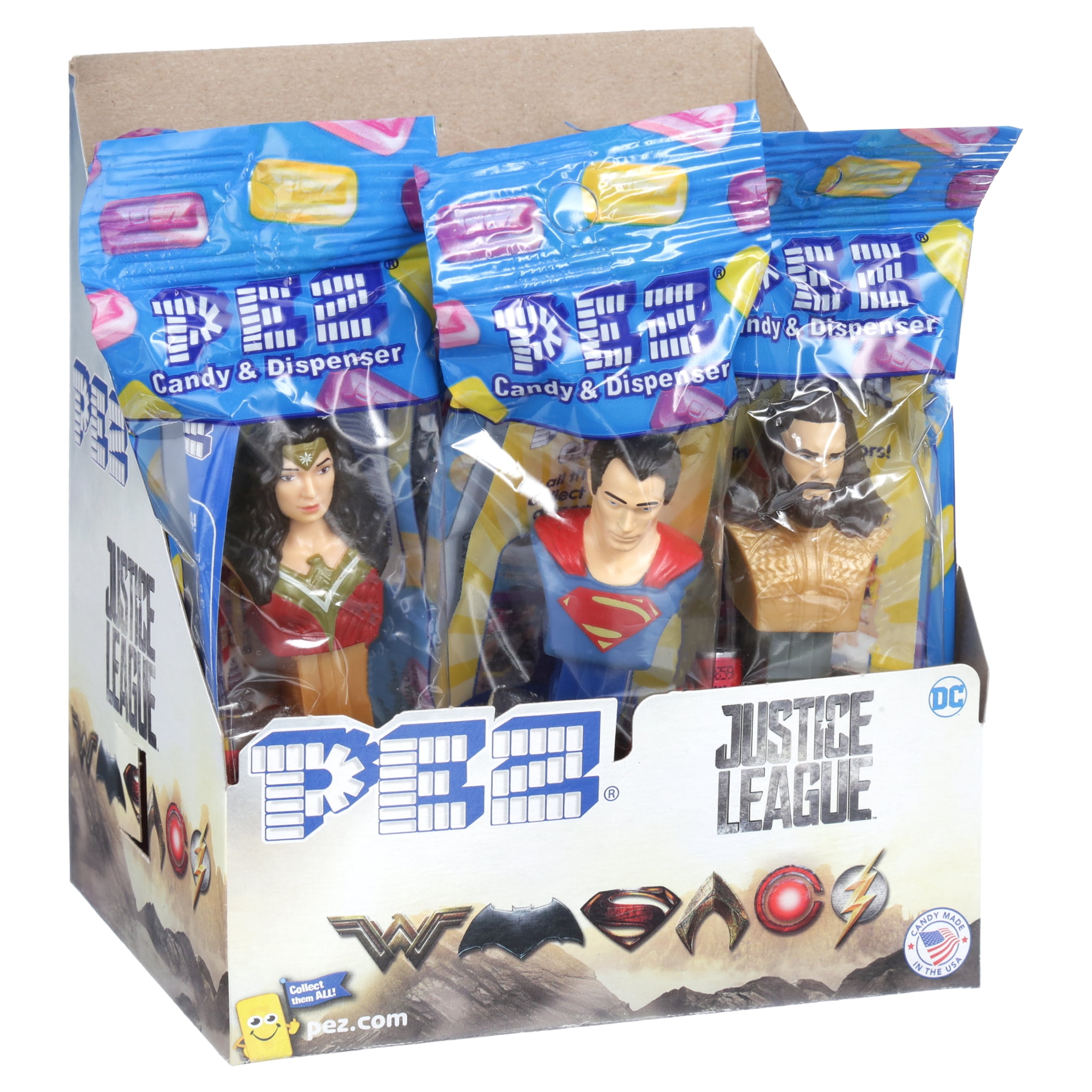 PEZ Candy Justice League Assortment, 1 Candy Dispenser Plus 2 Rolls Assorted Fruit Candy, 6.96 oz, Box of 12
