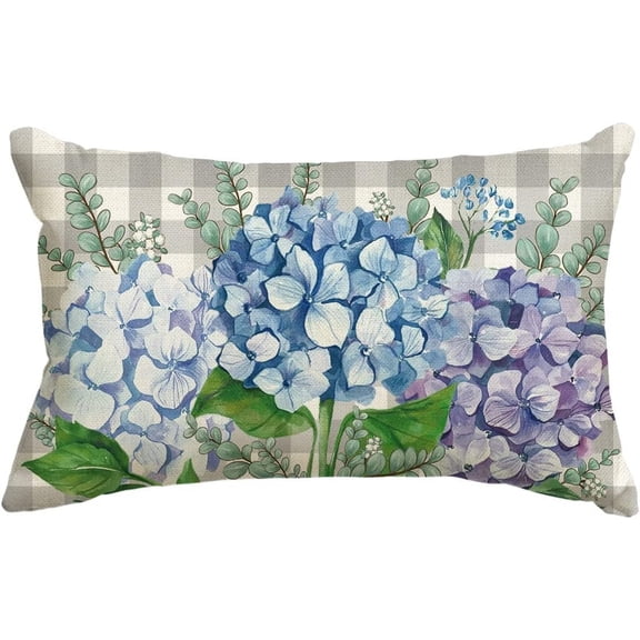 Hydrangea Gray Buffalo Plaid Summer Throw Pillow Cover, 12 x 20 Inch Flower Cushion Case for Sofa Couch