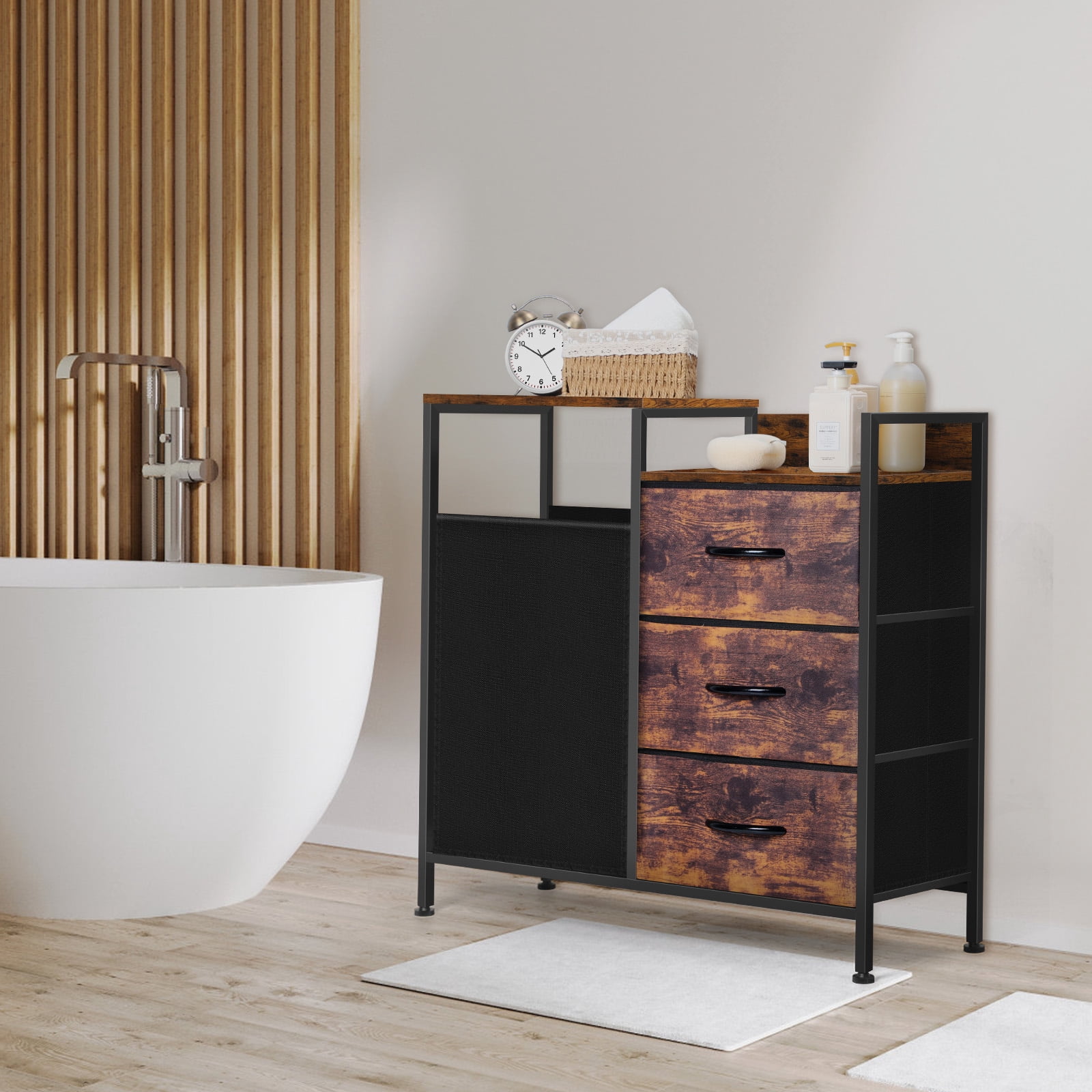 Multifunctional Laundry Hamper Cabinet with 3 Drawers, 60L Large Capacity Laundry Bag, Rustic Brown and Black Laundry Storage Unit for Laundry Room, Bedroom