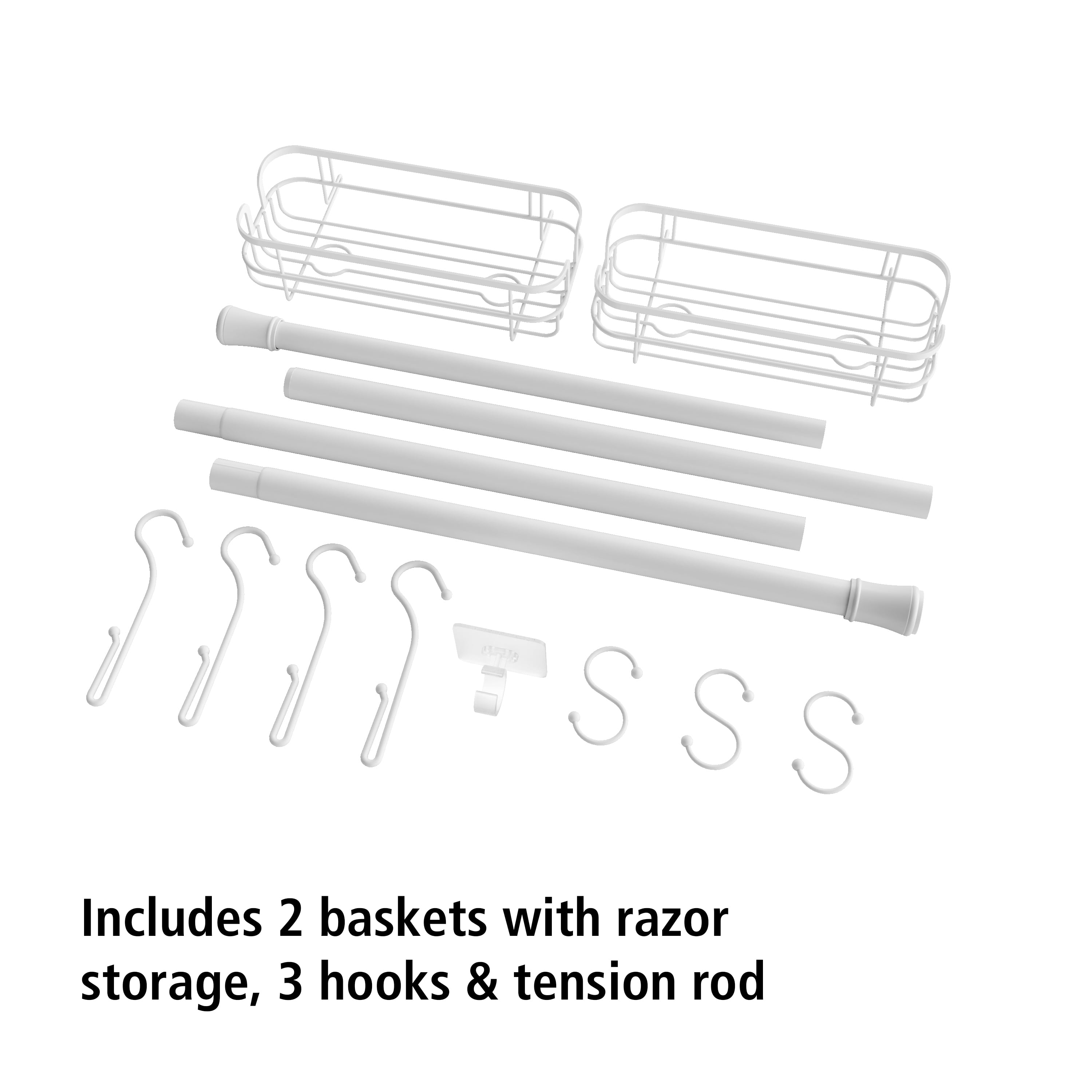 Mainstays Tension Rod Bath Organizer Pole Caddy, No Tools, 4.85 - 6 Ft., Rust Resistant, White