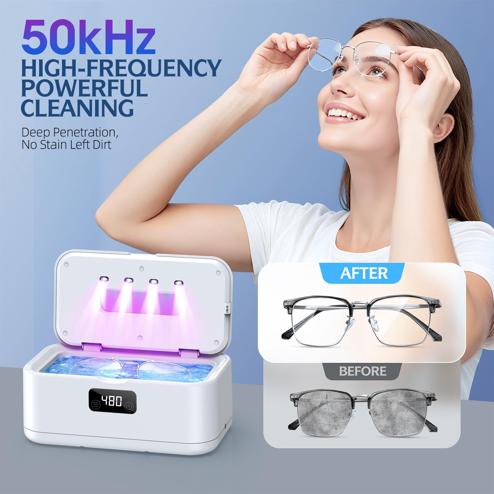 Ultrasonic Jewelry Cleaner, 50Khz Jewelry Cleaner Ultrasonic Machine for Jewelry, Eyeglasses, Rings, Watch Strap, Dentures, 24oz - 304 Stainless Steel Tank, Digital Timer, 5 Cleaning Modes(White)